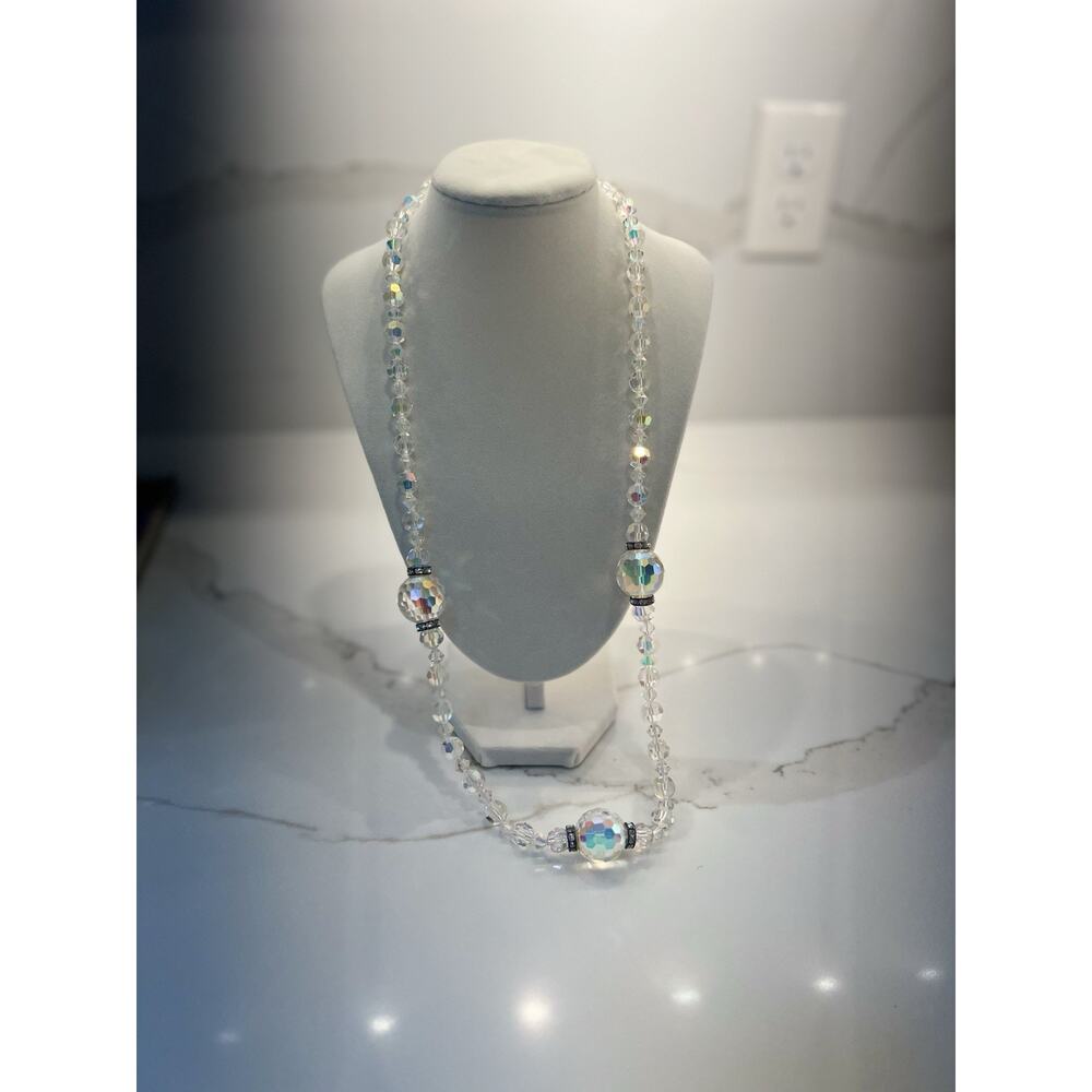 Vintage AB Crystal Necklace Faceted Glass Beads Iridescent Aurora Borealis Long